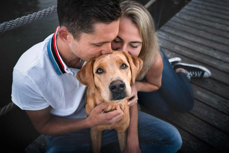 Hund und seine Besitzer kuscheln