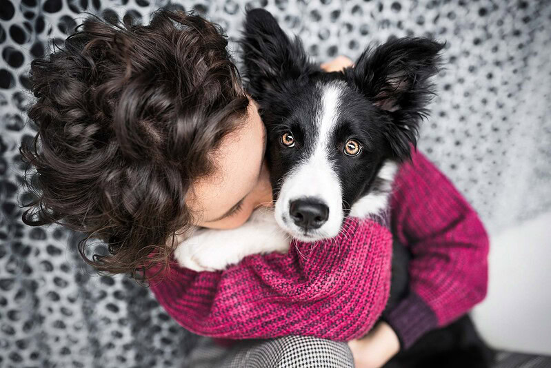 Eine junge Frau hält innig ihren Border Collie im Arm, Nahaufnahme vor einem modernen, urbanen Hintergrund bei einem Hundefotoshooting in der Stadt.