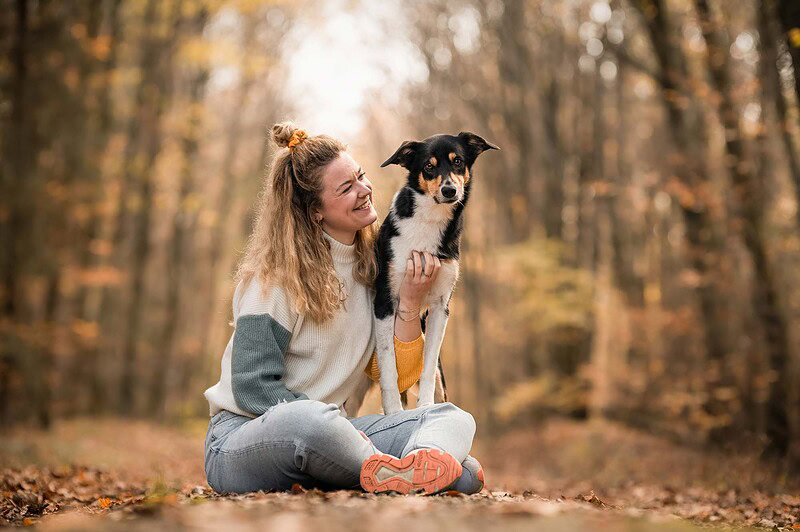 Junge Frau mit Lockendutt im farbenfrohen Pullover sitzt auf dem Laub und macht intensiven, liebevollen Augenkontakt mit ihrem stehenden Border Collie Mix. Authentische Hundefotografie im Herbstwald bei Bern.